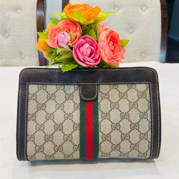 Gucci Handbags - Gucci Beige Monogram Canvas Wallet with Brown Trim and Green-Red Web Stripe